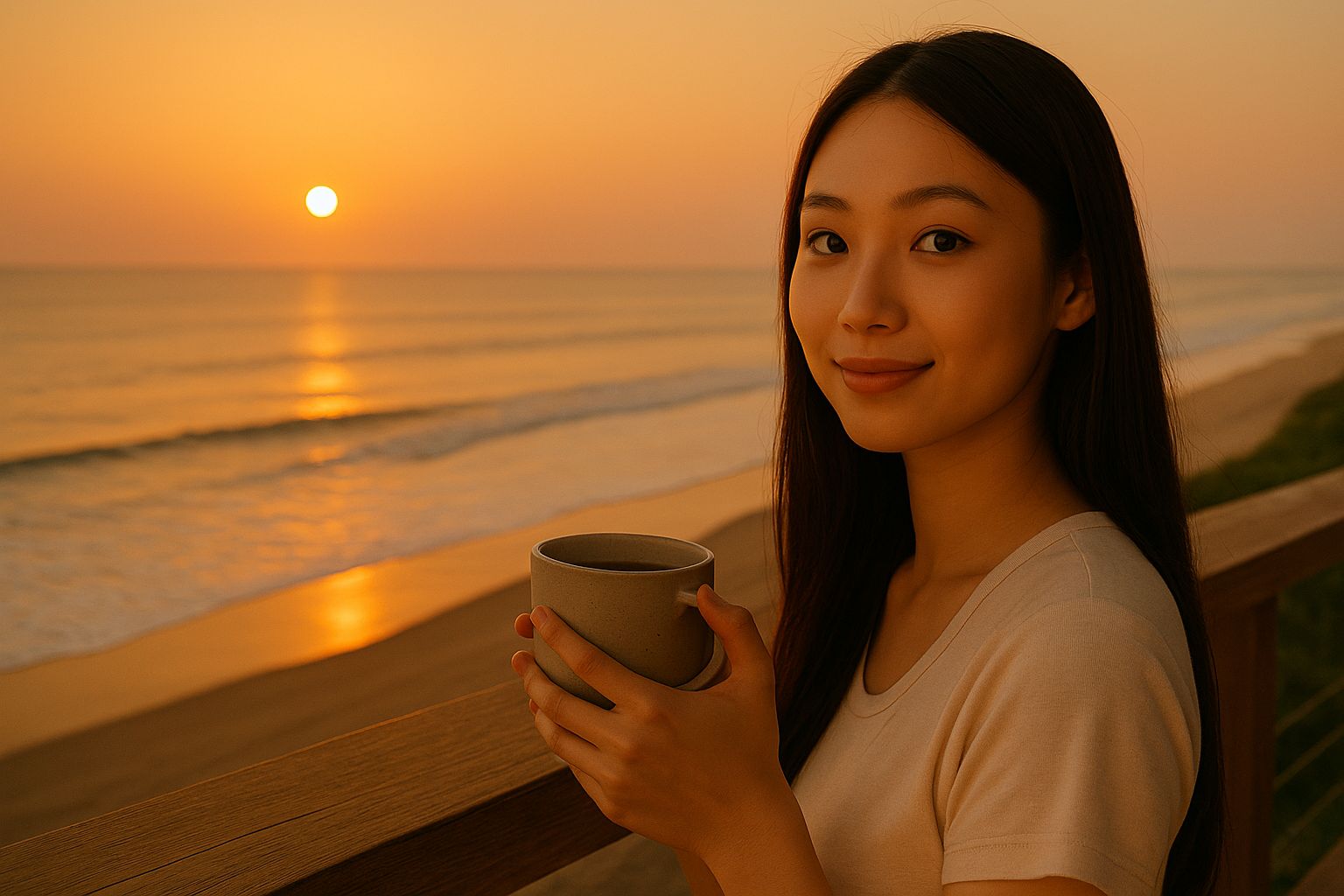 Woman holding a cup, looking thoughtful towards a bright window