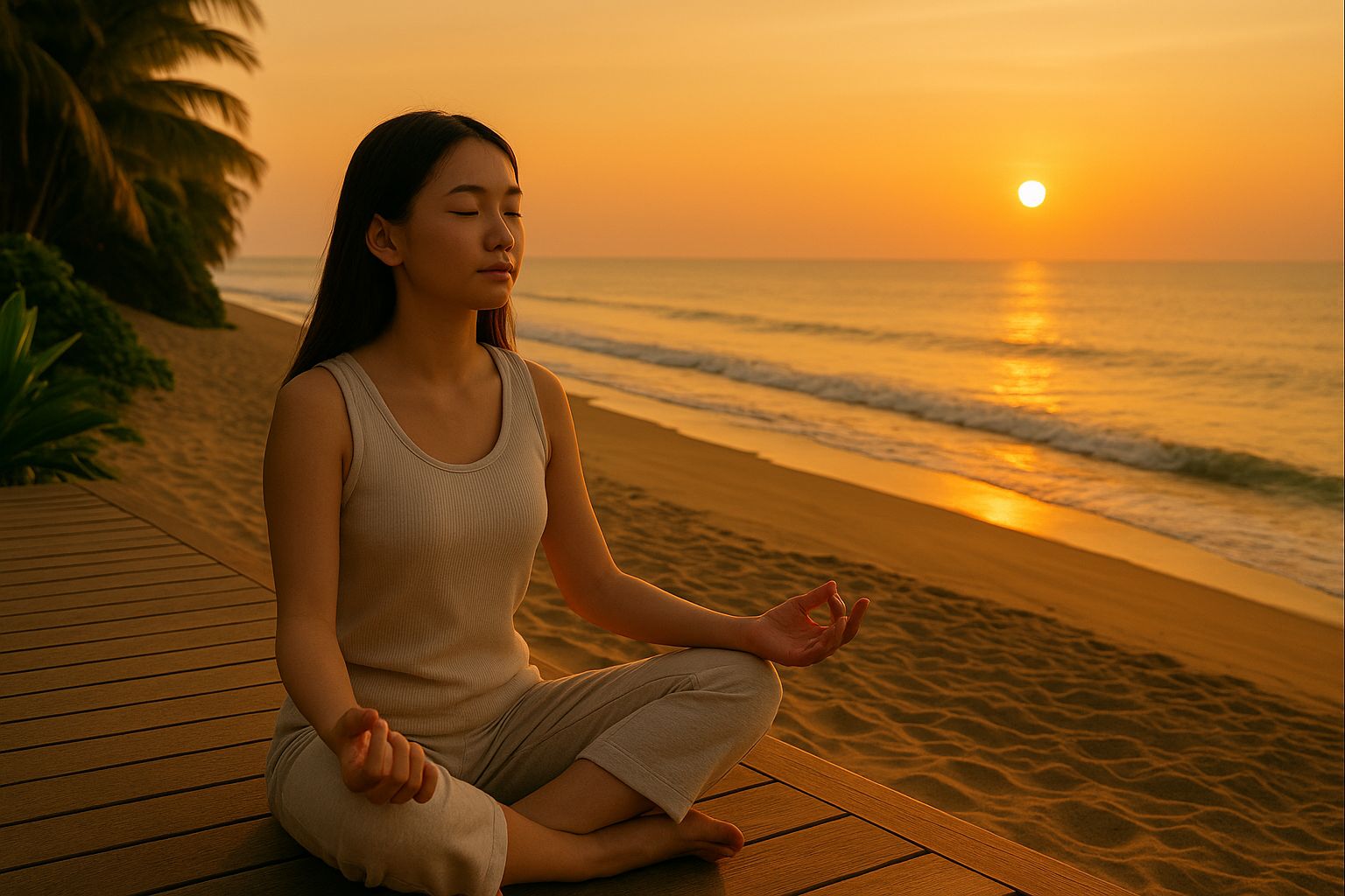 Woman doing yoga peacefully with a serene, natural view