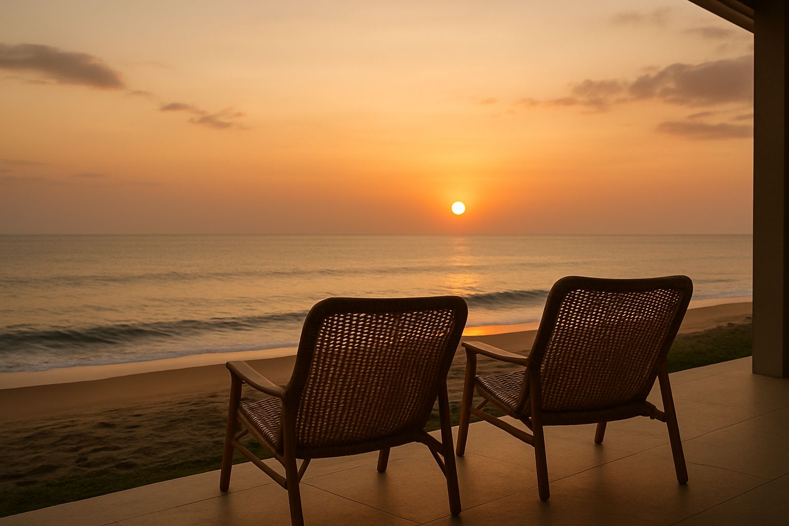 Two empty chairs perfectly positioned to watch an ocean view